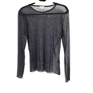 NWOT POL Black Metallic Shimmer Lettuce Hem Sheer Mesh Long Sleeve Top Size S